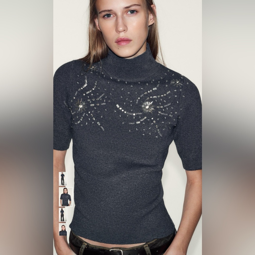 Zara Charcoal Embellished Turtleneck Sweater